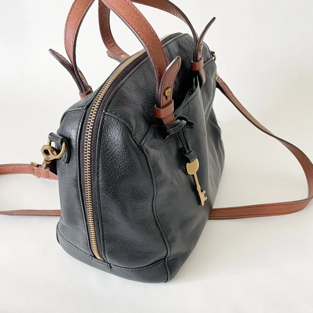 Fossil 100% Leather Black and Cognac Rachel Satchel Purse - Picture 5 of 7